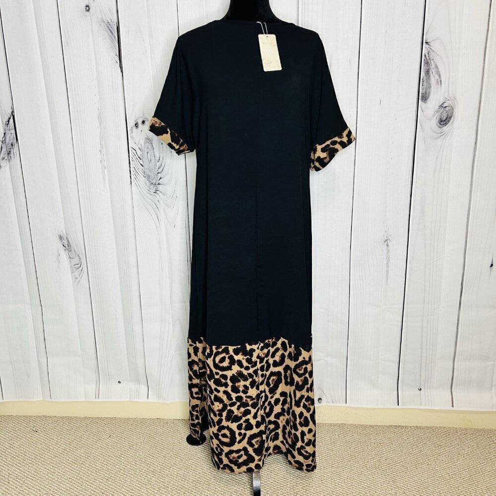 NWT Emery Rose Shein Maxi Black Dress with Cheetah Print Hem and Cuffs Sz S